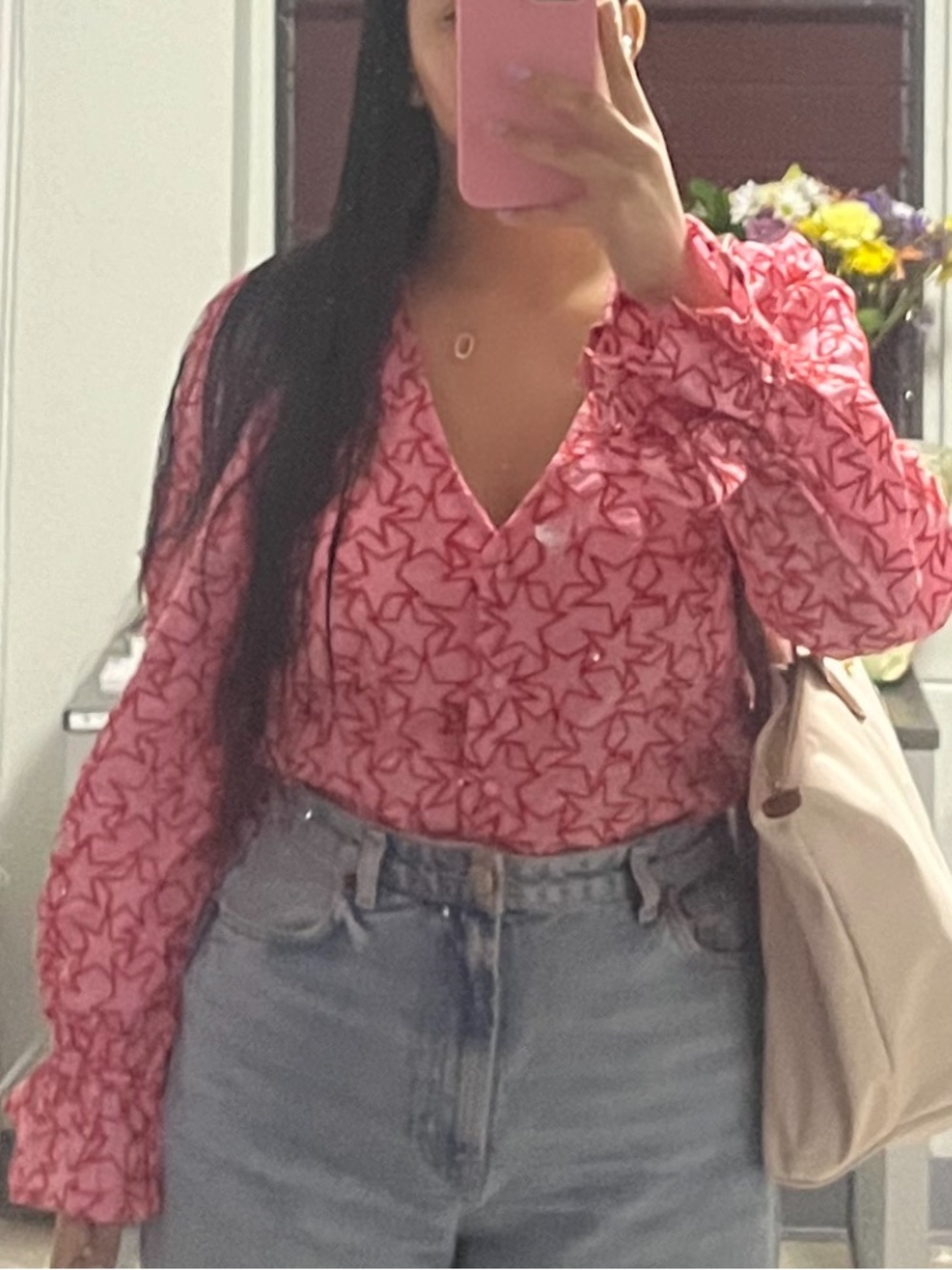 Never Fully Dressed Pink Star-Print V-Neck Long-Sleeve Blouse